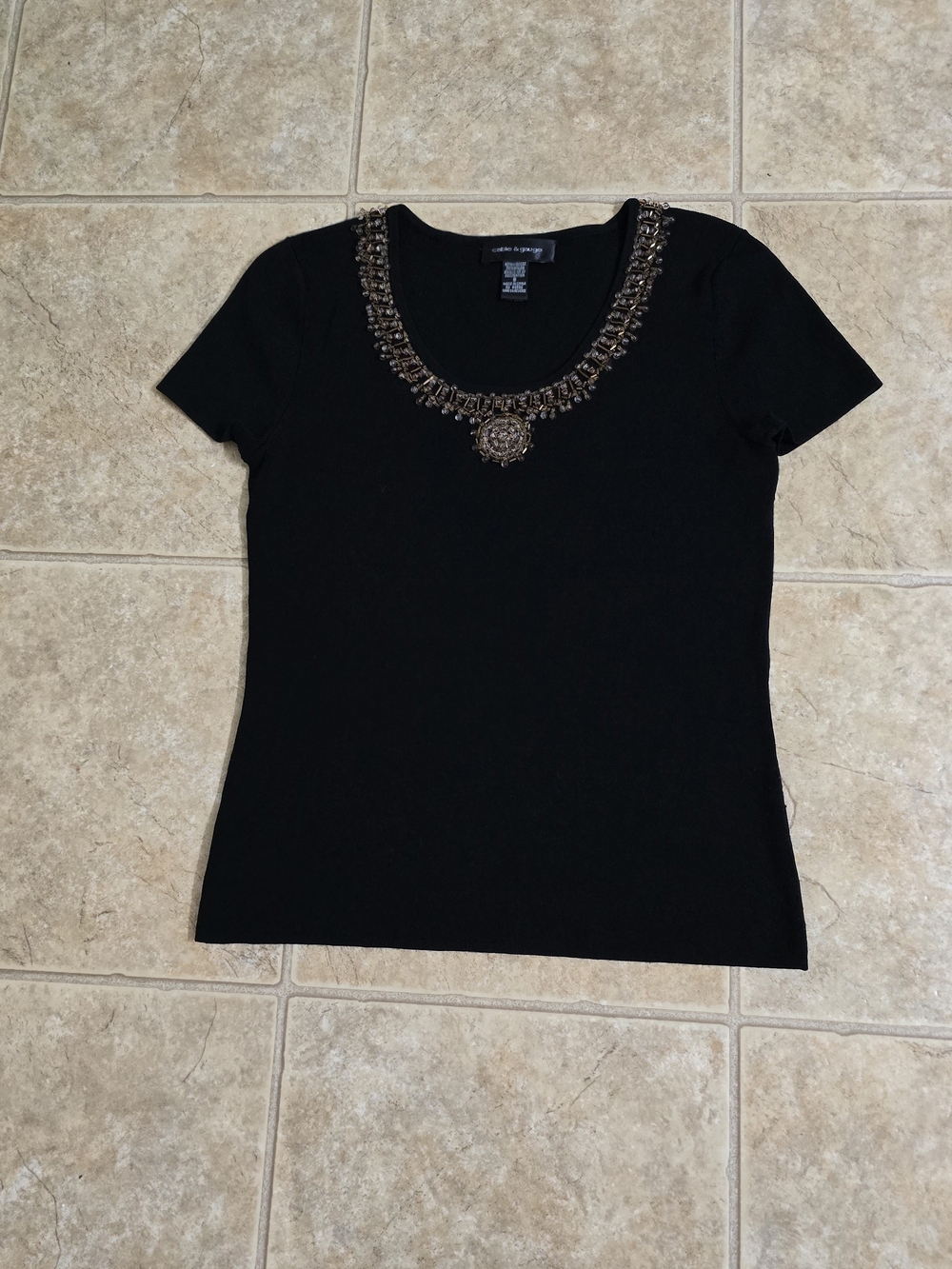 Cable & Gauge Black Short Sleeve Embellished Scoop Neck Tee
